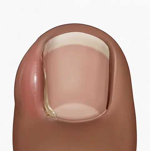 Illustration of an established ingrown toenail: the left nail fold is swollen and shiny, and clear straw-coloured fluid sits in the groove beside the nail with slight crusting.