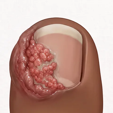 Illustration of a longstanding ingrown toenail: soft lumpy red granulation tissue grows out of the left nail fold and over the edge of the nail, and the whole side wall is thickened and overgrown.
